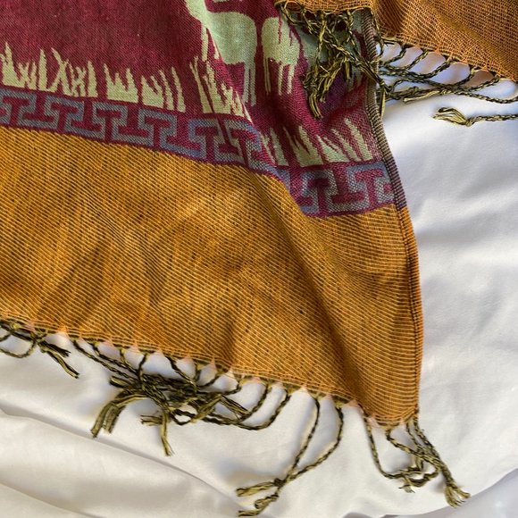 Orange Multicolored Scarf with Tassels and Embroidered Alpaca and Mountains - Picture 3 of 3